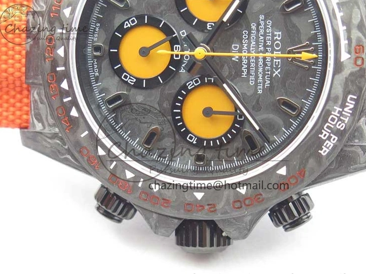 0503 AllSeason Daytona DIW Carbon OMF Best Edition Carbon Orange Dial on Orange Nylon Strap A 2845